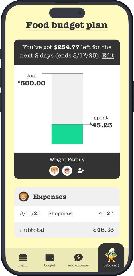 Phone showing the Banana Budget food budget plan screen